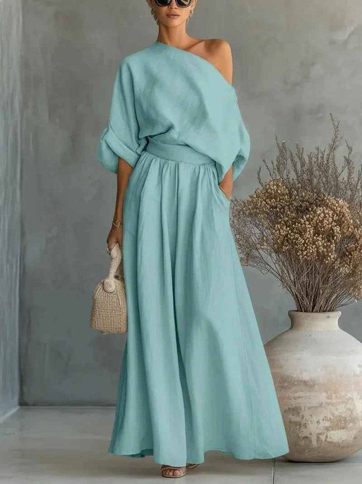 Λίζα | Σετ Μαλακής Off-Shoulder Μπλούζας με Κολάν