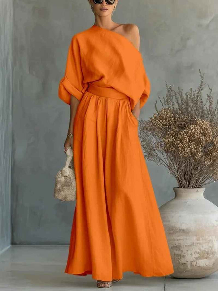 Λίζα | Σετ Μαλακής Off-Shoulder Μπλούζας με Κολάν