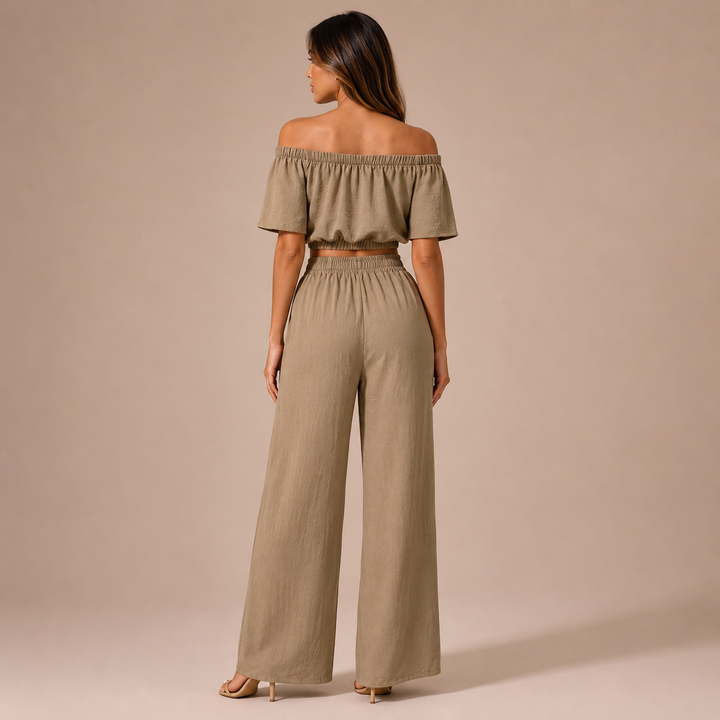 Ισα - Σετ crop top με ανοιχτούς ώμους και παντελόνι palazzo" 

Rewritten: "Ισα - Σετ με crop top ανοιχτού ώμου και palazzo παντελόνι