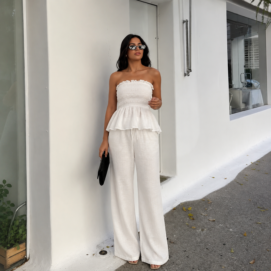 Νούρια - Strapless τοπ με φούστα και παντελόνι palazzo από λινό