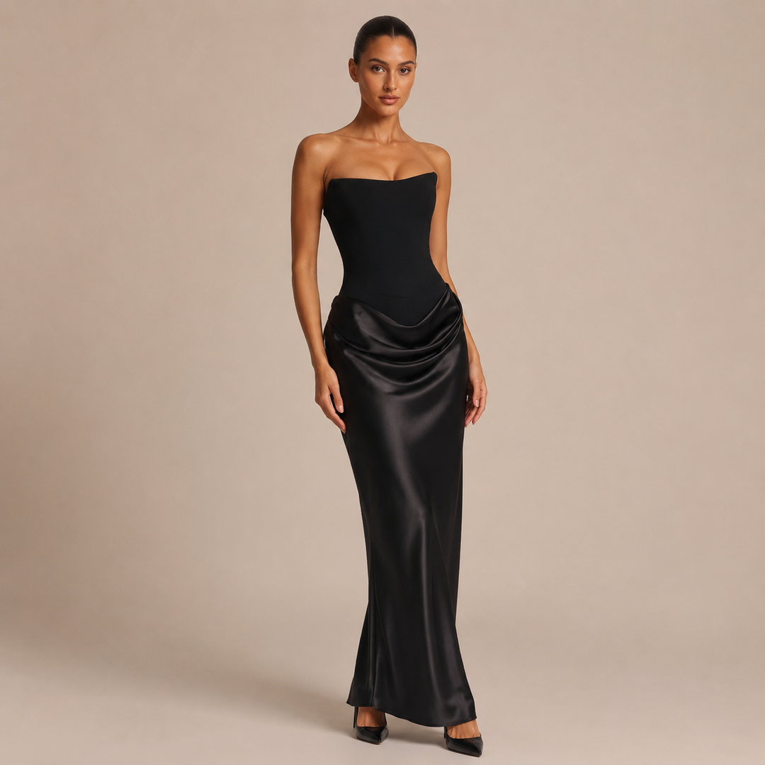 Αλεχάντρα - Μακρύ strapless φόρεμα με δομημένο κορσέ και σατινέ φούστα με drape