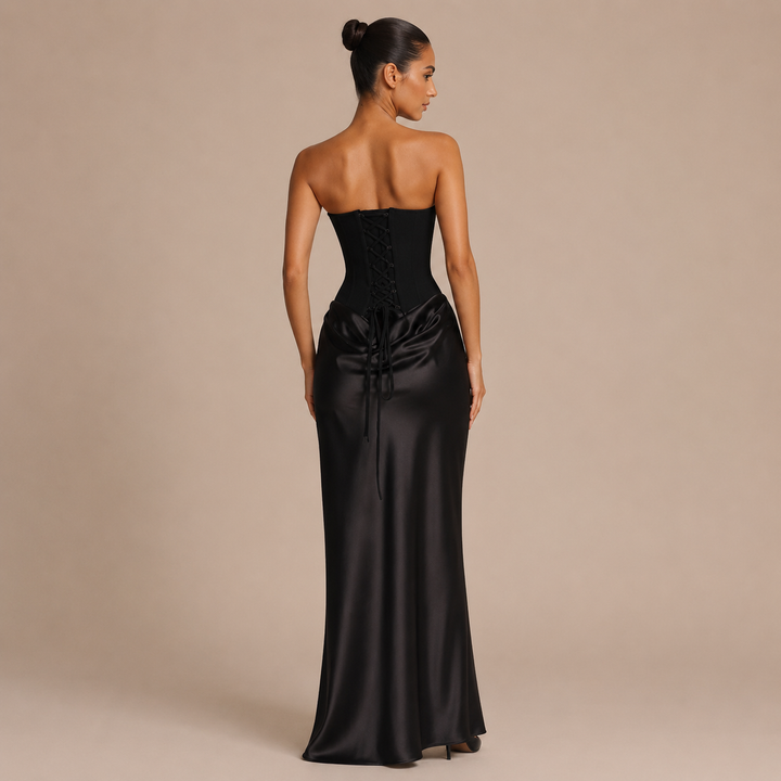 Αλεχάντρα - Μακρύ strapless φόρεμα με δομημένο κορσέ και σατινέ φούστα με drape