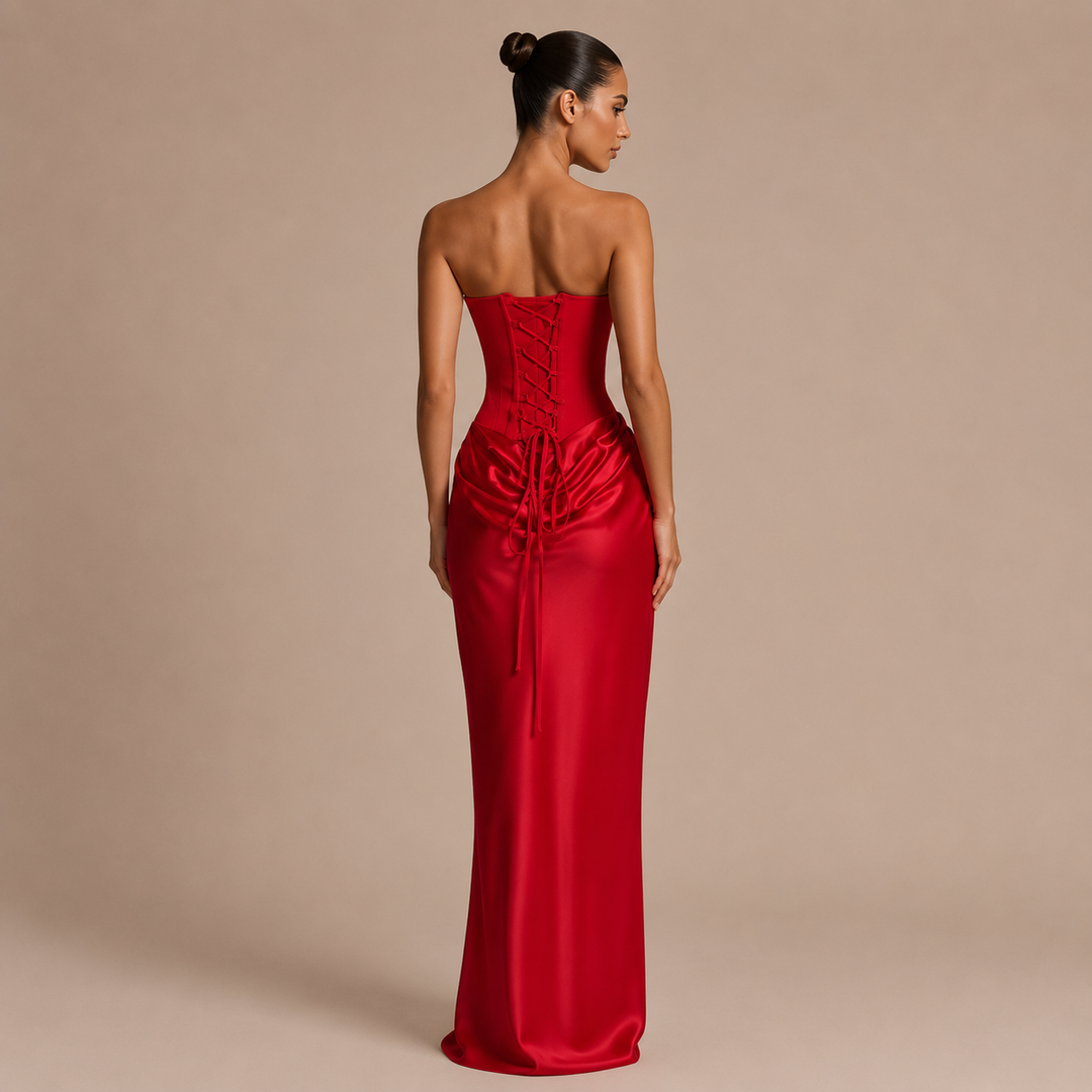 Αλεχάντρα - Μακρύ strapless φόρεμα με σφιχτό κορσέ και σατινέ φούστα