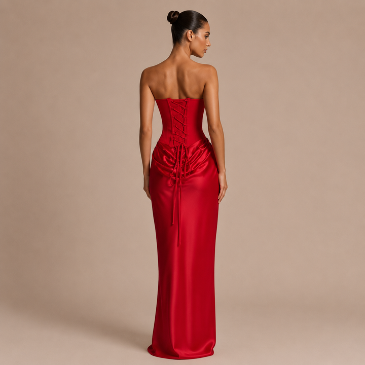 Αλεχάντρα - Μακρύ strapless φόρεμα με σφιχτό κορσέ και σατινέ φούστα