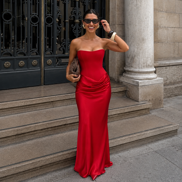 Αλεχάντρα - Μακρύ strapless φόρεμα με σφιχτό κορσέ και σατινέ φούστα