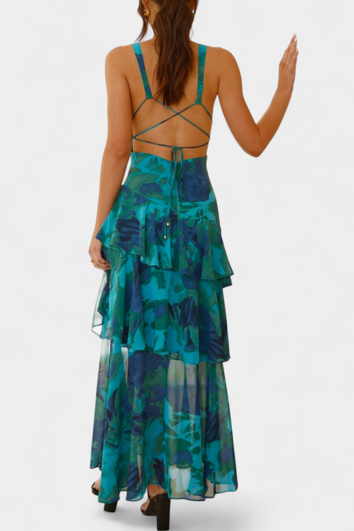 Domenica - Chiffon Dress with V-Neckline and Flowing Layers