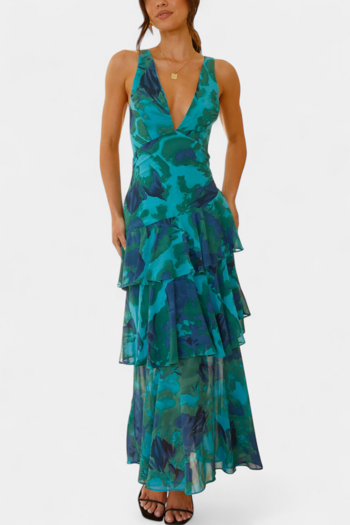 Domenica - Chiffon Dress with V-Neckline and Flowing Layers