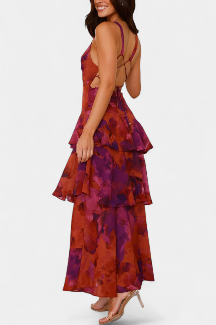 Domenica - Chiffon Dress with V-Neckline and Flowing Layers