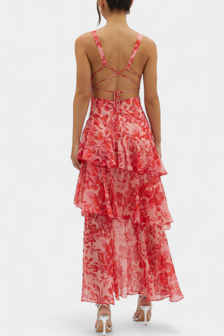 Domenica - Chiffon Dress with V-Neckline and Flowing Layers