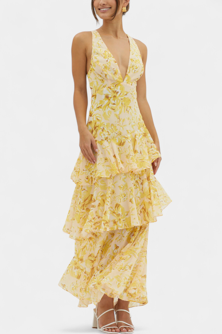 Domenica - Chiffon Dress with V-Neckline and Flowing Layers