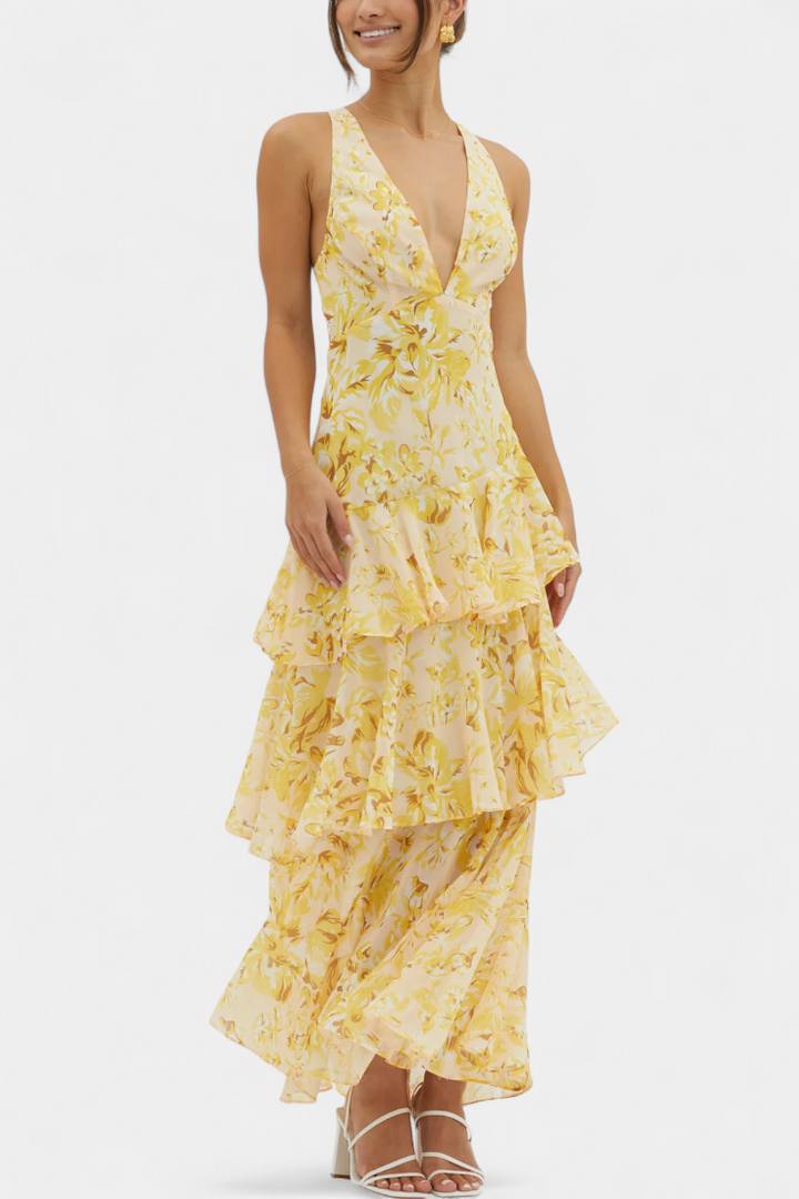 Domenica - Chiffon Dress with V-Neckline and Flowing Layers