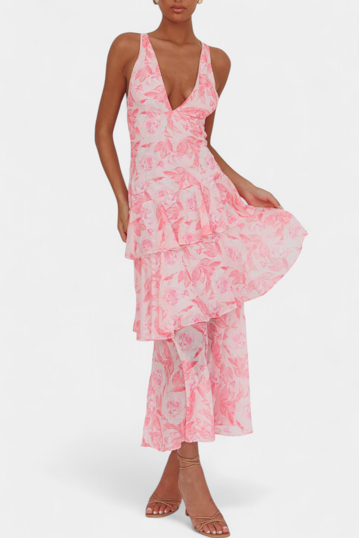 Domenica - Chiffon Dress with V-Neckline and Flowing Layers