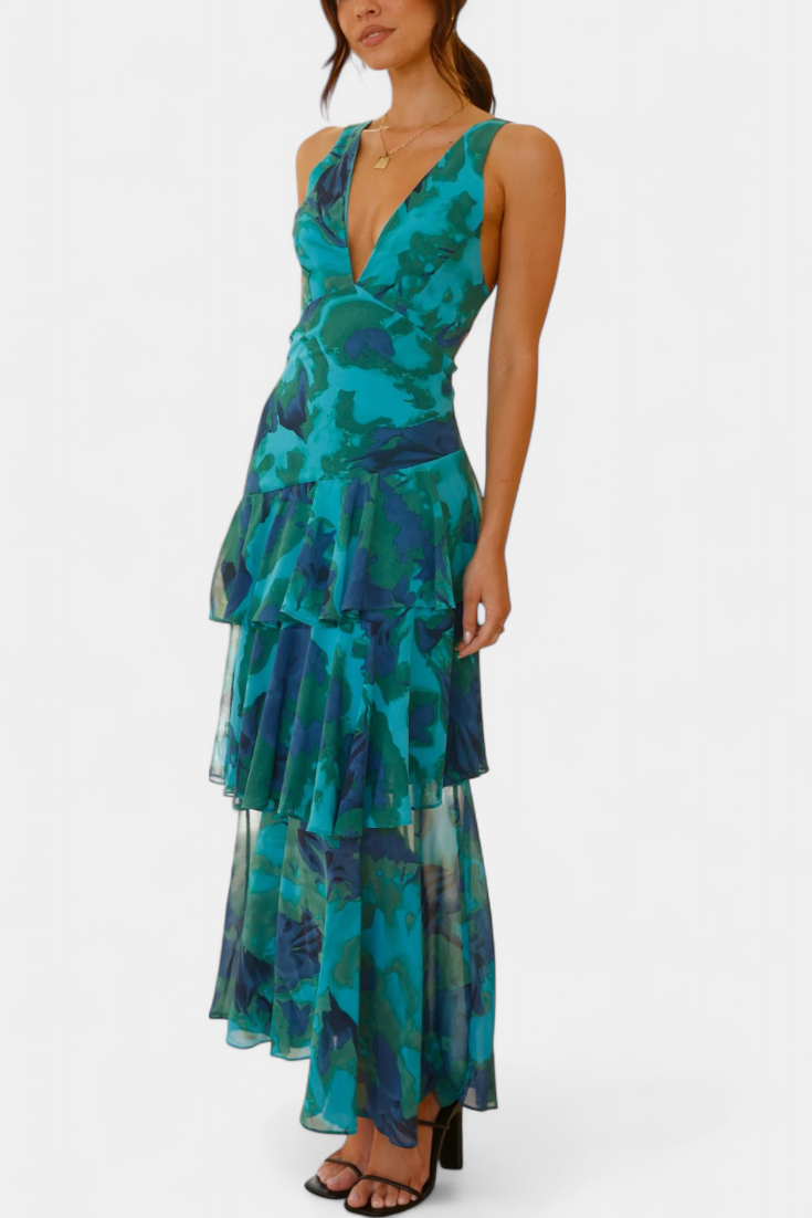 Domenica - Chiffon Dress with V-Neckline and Flowing Layers