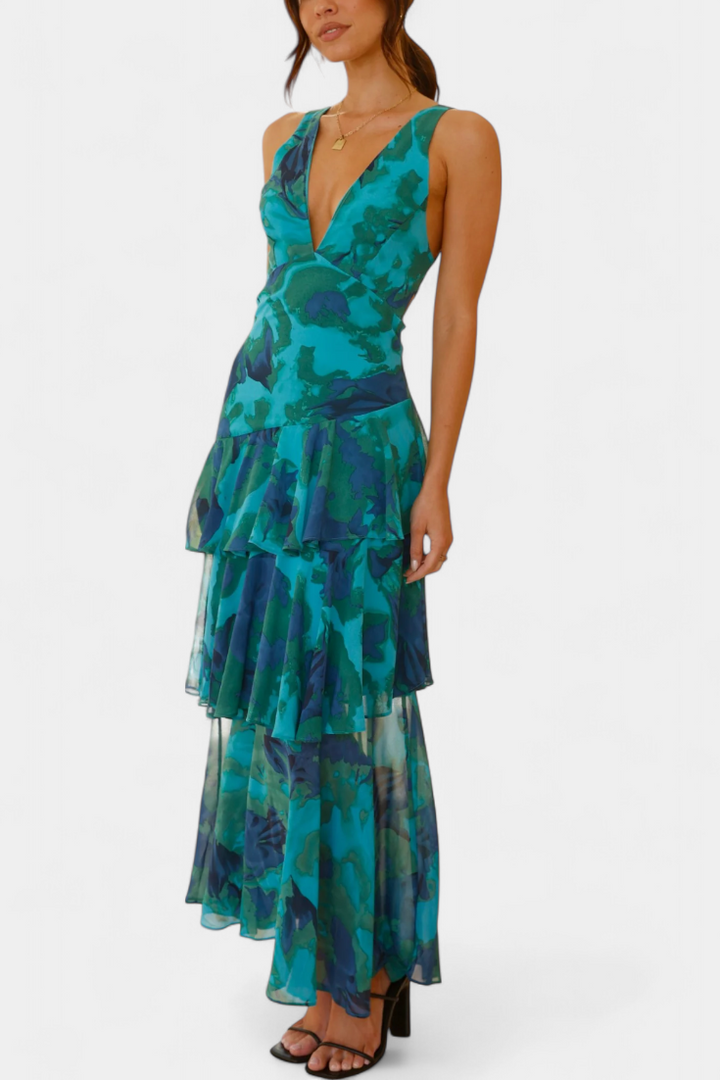 Domenica - Chiffon Dress with V-Neckline and Flowing Layers